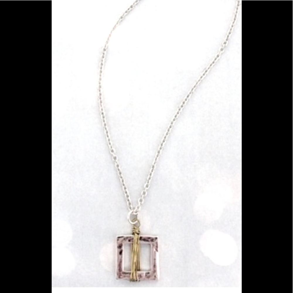 Silver Necklace with Wire Wrapped Square Pendant